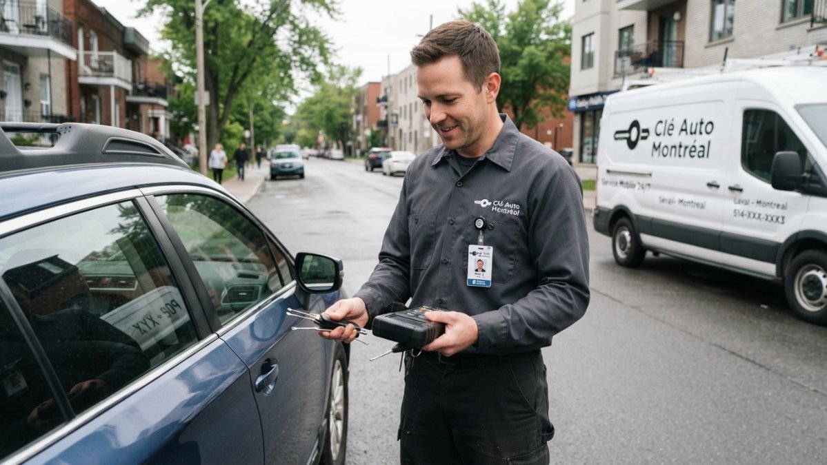 Professional locksmith technician in uniform standing beside a vehicle holding professional tools and credentials, with a branded service van visible in the background