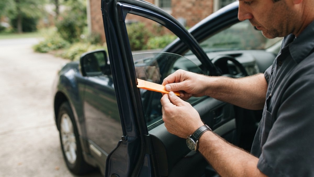 Close-up of a person's hands carefully inserting a plastic wedge tool into the gap between a car door frame and body panel, window slightly lowered, daylight, focused expression