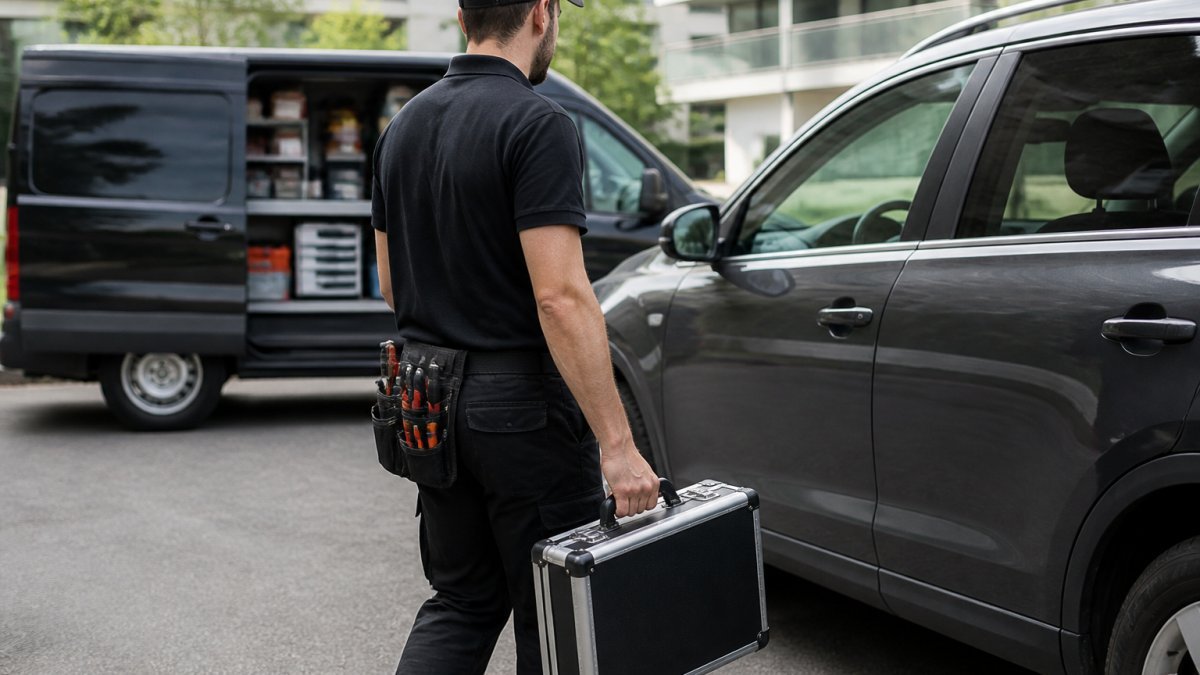 Professional mobile locksmith service technician arriving at a vehicle with a tool case